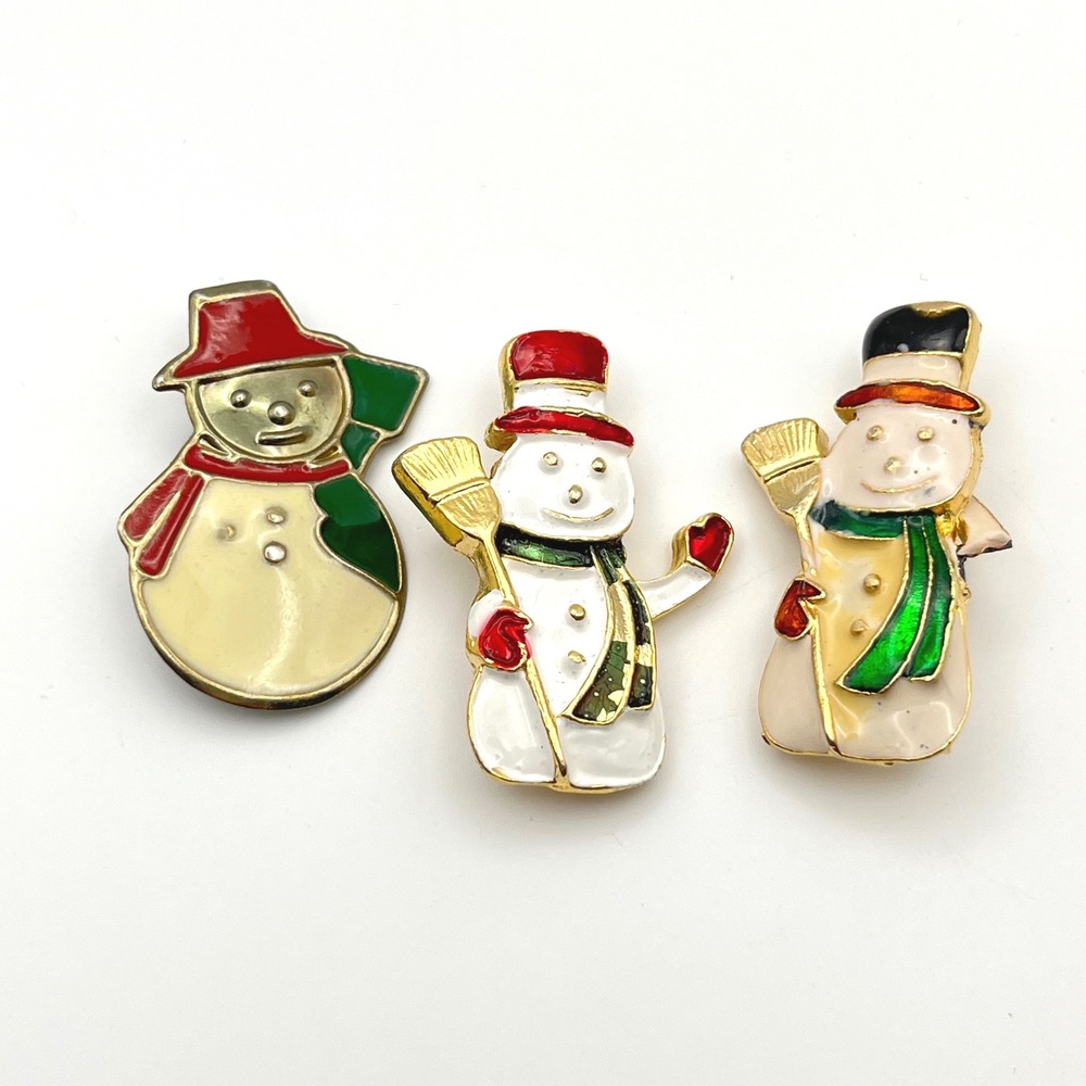 Vintage Snowman Enamel‎ Brooch Pin Set Gold Tone Holiday Christmas Jewelry 3pc
